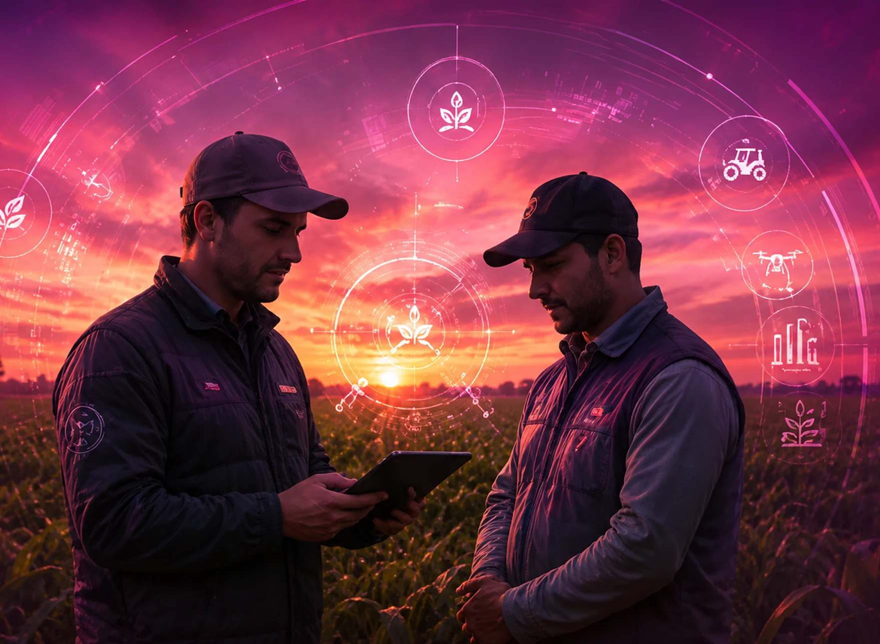 Productores agropecuarios analizando datos en el campo